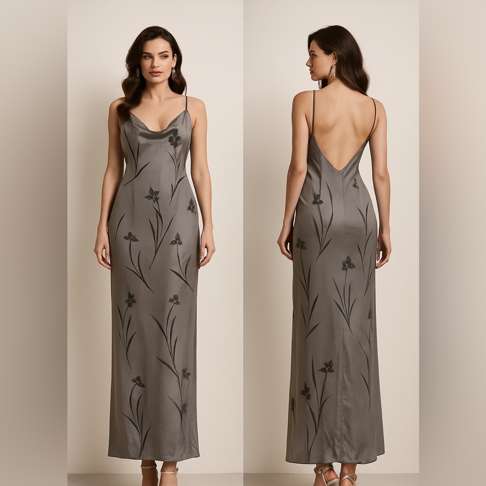 Nicole Miller Vintage GrayTone on Tone Floral Maxi Dress Sz.‎ 8
